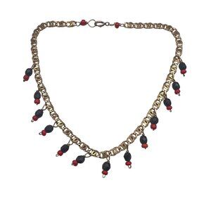 Vintage 1/20 14K Gold-Filled Anklet Bracelet Black Red Bead Charms Dangle 9.5"